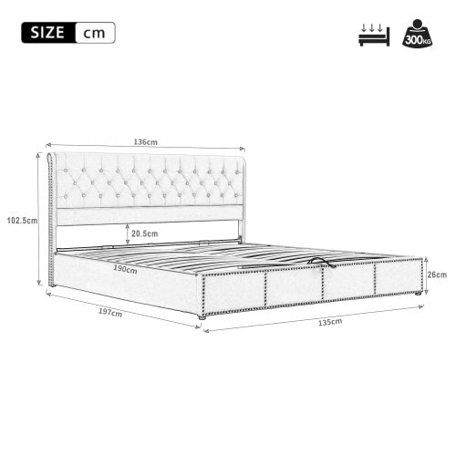 Upholstered Bed,Double Bed-4ft6 135x190cm ,with Hydraulic Lever, Functional Storage Bed, Rivet Decoration, Without Mattress, Linen, Light Grey