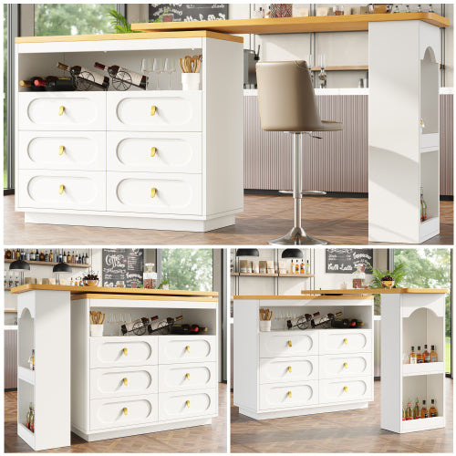 360 Rotating Bar Table Main Body 137 X 39 X 90 Cm, Coffee Bar Furniture, Rotating Dining Bar With Storage, Kitchen Island, With Spice Rack, Six Drawers, Open Storage Space, White