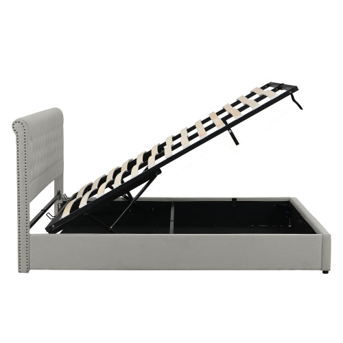 Upholstered Bed,Double Bed-4ft6 135x190cm ,with Hydraulic Lever, Functional Storage Bed, Rivet Decoration, Without Mattress, Linen, Light Grey