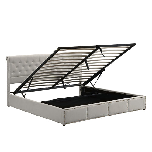 Upholstered Bed,Double Bed-4ft6 135x190cm ,with Hydraulic Lever, Functional Storage Bed, Rivet Decoration, Without Mattress, Linen, Light Grey