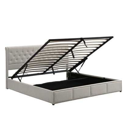 Upholstered Bed,Double Bed-4ft6 135x190cm ,with Hydraulic Lever, Functional Storage Bed, Rivet Decoration, Without Mattress, Linen, Light Grey